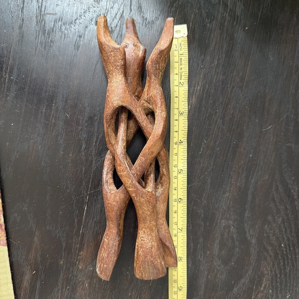 Vtg RusticCarved Wood Stand Bird Animal Interlocking Foldable Tripod Bowl Holder